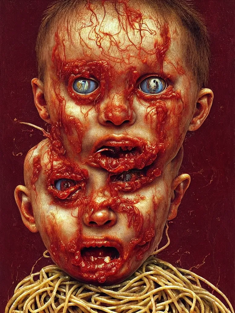 Prompt: a boy made of spaghetti and tomato sauce, looking into camera, screaming in pain, full body, by giuseppe arcimboldo and ambrosius benson, renaissance, intricate and intense oil paint, a touch of beksinski and hr giger and edward munch, realistic