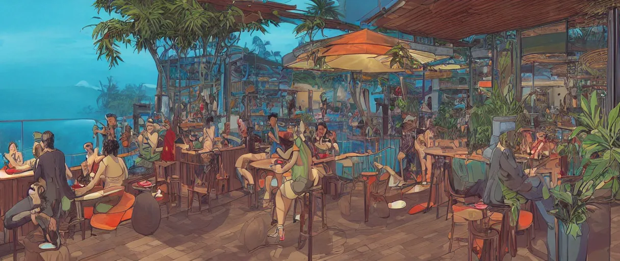 Prompt: a beautiful illustration of a monkeys having drinks at an outside pool bar by James Jean | comic book:.5 | unreal engine:.6