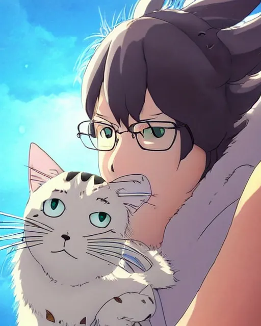 Image similar to fat otaku on the giant cat, funny comic panels, graphic art, rgba, 8 k hd resolution, pinterest, dynamic character, 8 k character details, concept art, 8 k ultra realistic, intricate details, ultra detailed, reduce character duplication, in style of hayao miyazaki