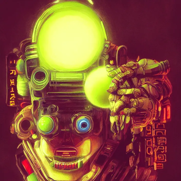 Image similar to cinematic portrait of a cute tennis ball monster, cyberpunk, bladerunner, chalk, masterpiece, trending on artstation, featured on pixiv, cinematic composition, dramatic pose, beautiful lighting, sharp details, hyper - detailed, hd, hdr, 4 k, 8 k, art by basil gogos