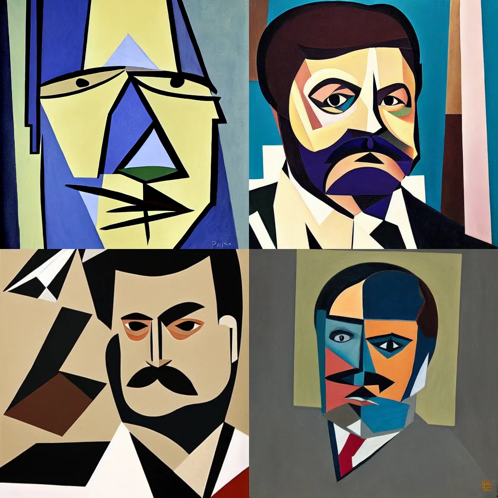 Prompt: Ron Swanson portrait, cubist painting by Pablo Picasso