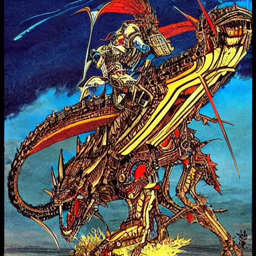 Image similar to middle age knight riding a giant mechanical dragon, art by philippe druillet,