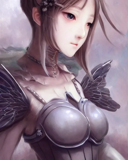 Image similar to range murata, an infinitely detailed portrait of a frail and pale female peace angel elegantly. fully - clothed full - body, beautiful! scenery art!! coherent! by wlop & murata range, victorian armor trim, cold color palette, artstation / pixiv!! elegantly armored angel portrait full - body, dreamy art