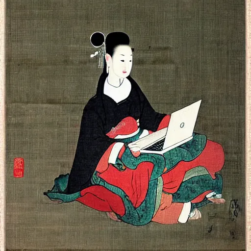 Prompt: the Chinese ancient painting of a lady and her laptop in Tang Dynasty , by Han Xizai