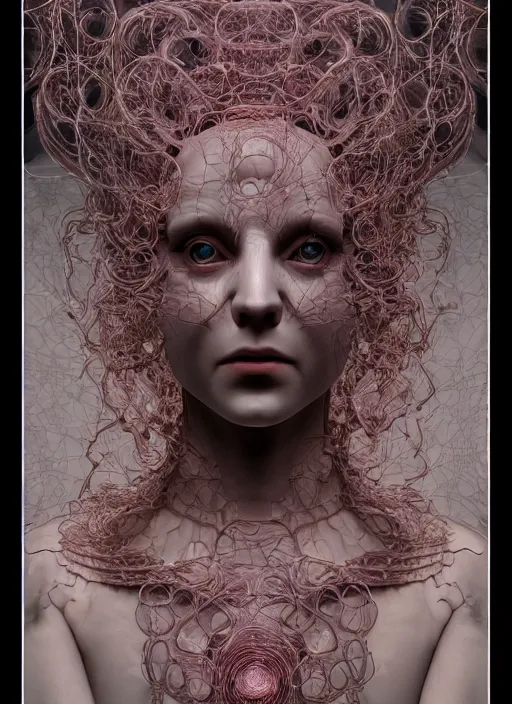 Prompt: highly detailed surreal vfx eldritch avante garde portrait of a 3 d non - euclidean hyperdimensional communications network, hyperrealistic, octane render, chiaroscuro, inspired by james jean, android jones, gerard brom, denis villeneuve, johannen voss, alphonse mucha, frostbite 3 engine