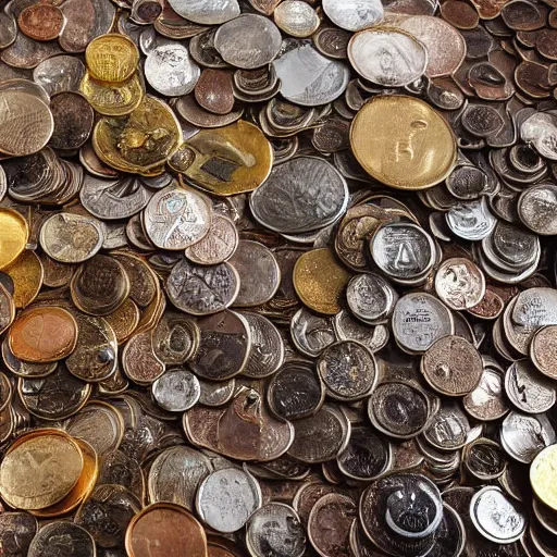 Image similar to An enormous treasure trove filled with a hoard of coins in gold, silver and copper, wide shot, ultra-high definition, 4K, museum quality photo