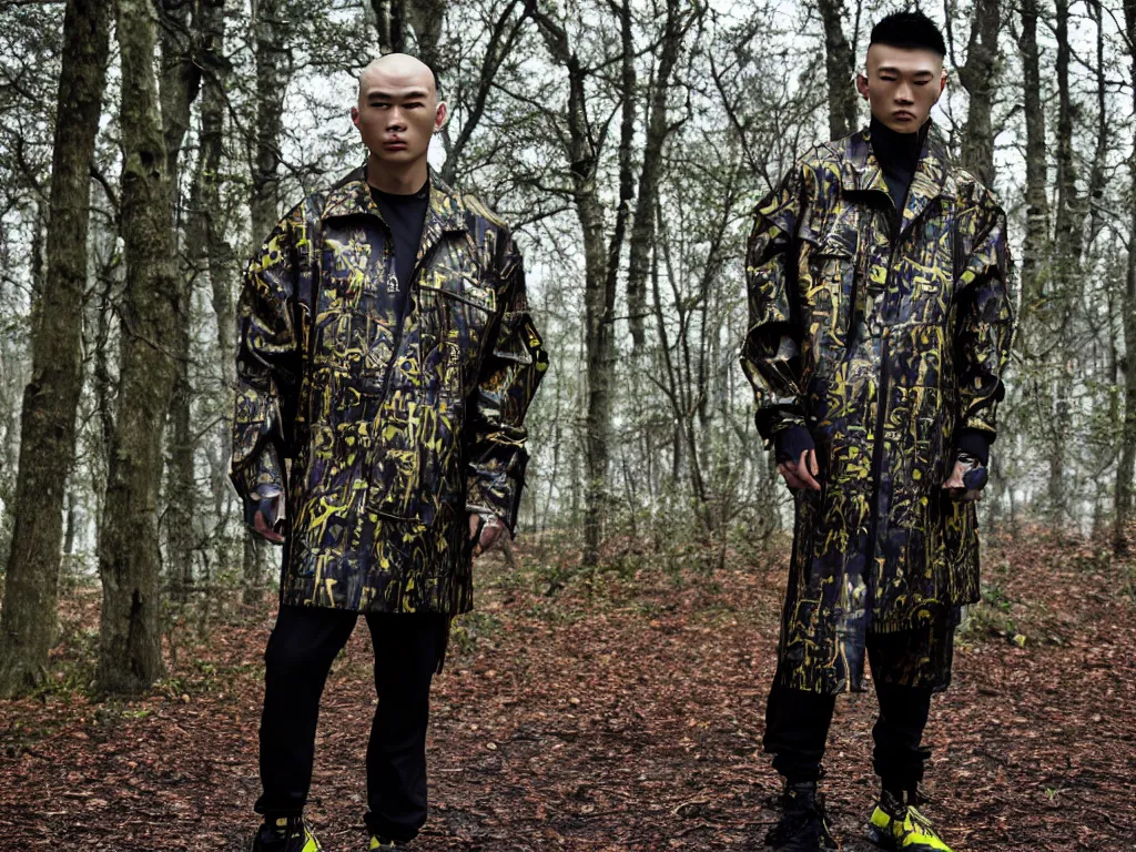 Image similar to versace avant garde male super oversized jacket arctic camouflage necklace textiles streetwear cyberpunk buff fit japanese asian man shaved head in the woods overcast late evening dramatic professional color 8 k hdr