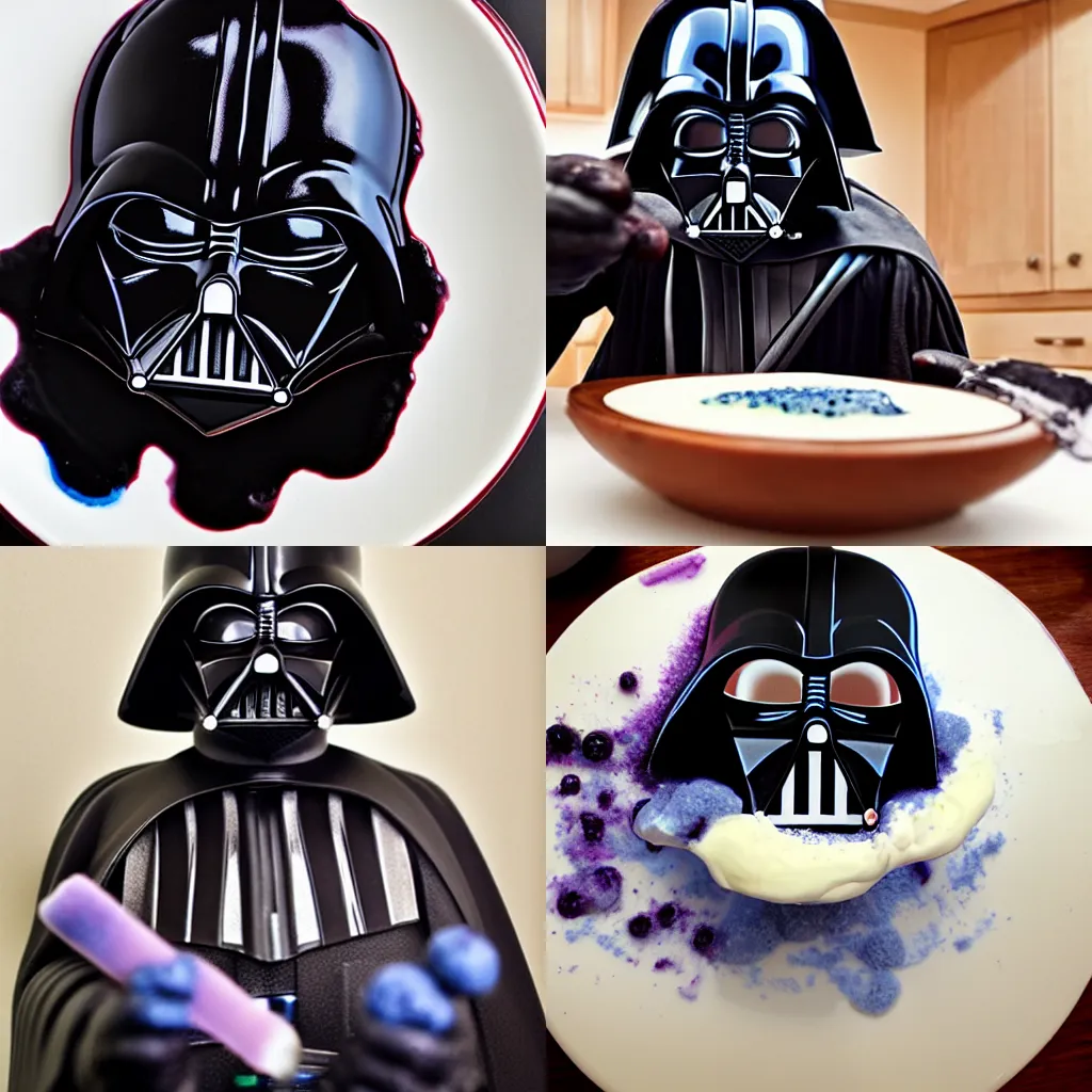 Prompt: Photo of angry Darth Vader covered in blueberry yogurt, kitchen