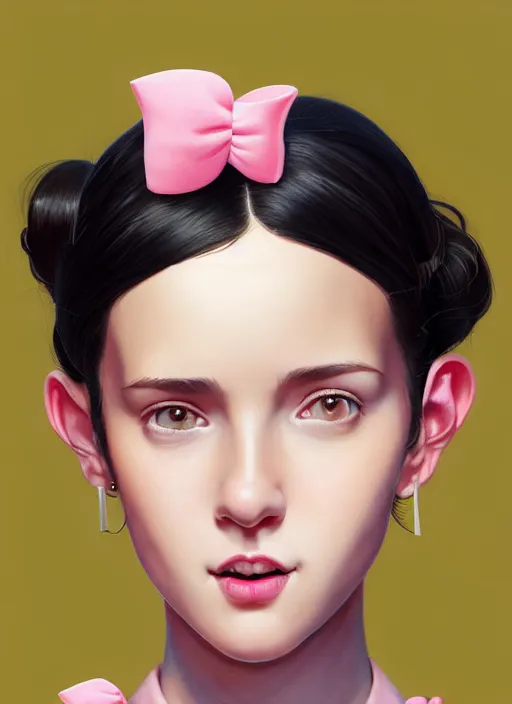 Image similar to portrait of high school girl, realistic, black hair, bangs, half updo hairstyle, pointy nose, skinny, smile, ugly, defined jawline, big chin, pink hair bow, earrings, intricate, elegant, glowing lights, highly detailed, digital painting, artstation, sharp focus, illustration, art by wlop, mars ravelo and greg rutkowski