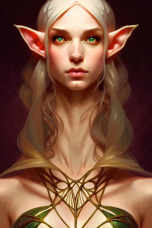 Image similar to symmetry!!! portrait of an elf, fantasy, complex, with a great figure, highly detailed, dynamic lighting, digital art, digital painting, artstation, wlop, clear focus, illustration, works by artgerm, greg rutkowski and alphonse mucha, 8 k