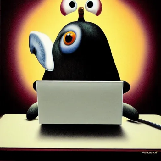 Image similar to pingu sitting behind a computer, painted by mark ryden, art, epic lighting