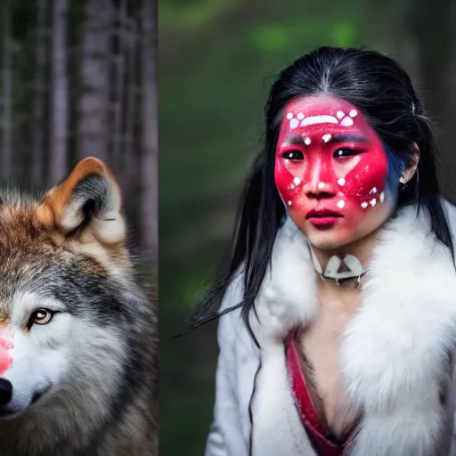 Image similar to Princess Mononoke as a real person, asian woman with red facepaint, determined expression, looking at the camera, standing next to a white wolf, in a forest, telephoto, backlit, 85mm lens, f1.8, highly detailed