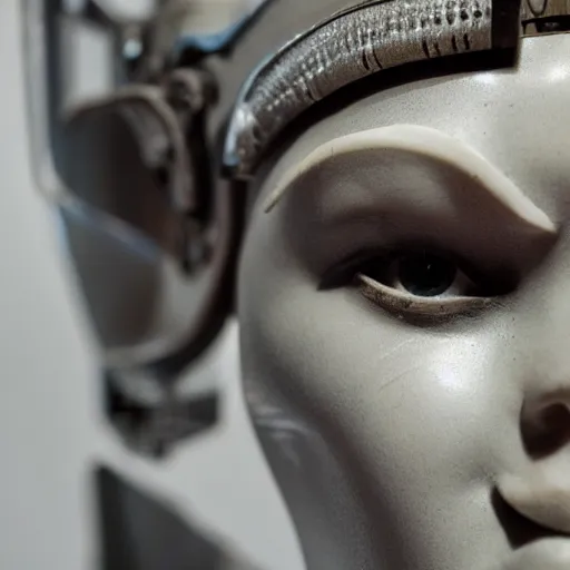 Prompt: a close-up face of a female cyborg sculpture made of marble