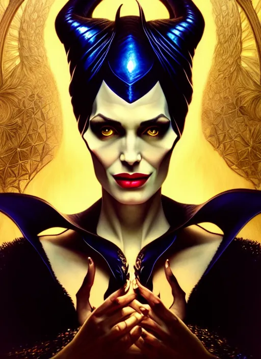 Image similar to symmetry portrait of maleficent, glowing lights, intricate, elegant, highly detailed, digital painting, artstation, concept art, smooth, sharp focus, illustration, art by artgerm and greg rutkowski and alphonse mucha