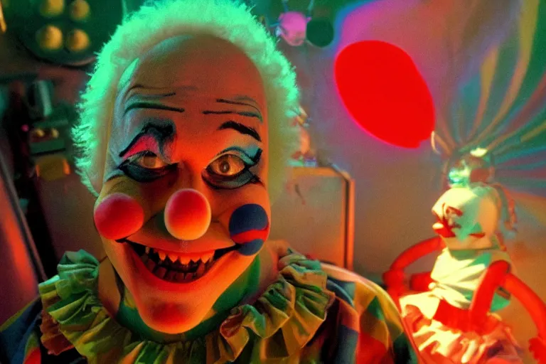 Image similar to cute clown in clowncore funhouse, fractal, in 1 9 9 2, y 2 k cutecore clowncore, low - light photography, bathed in the glow of a crt monitor, still from a ridley scott movie