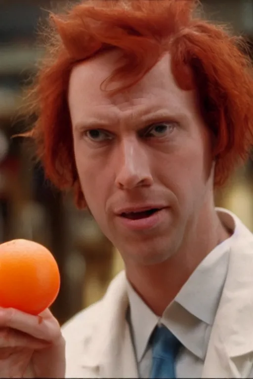 Image similar to an awkwardly tall scientist with a tangled orange bead and unruly red hair atop his balding head, high resolution film still, movie by Ivan Reitman