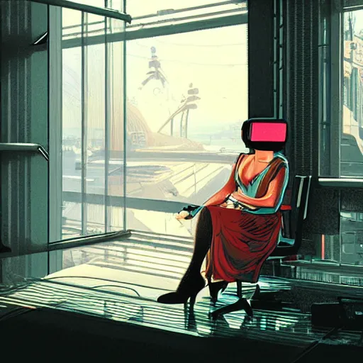 Image similar to illustration of a woman in vr headset sitting in cyberpunk room behind the window, by syd mead, greg rutkowski and ivan shishkin