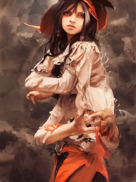 Image similar to Full shot of a cute mischievous young witch about to get up to some trouble. Latin American fashion. Black and Orange palette. Latina girl. brown skin. Symmetrical facial features. By Ruan Jia and Artgerm and Range Murata and WLOP. Key Art. Fantasy Illustration. award winning, Artstation, intricate details, realistic, Hyperdetailed, 8k resolution.