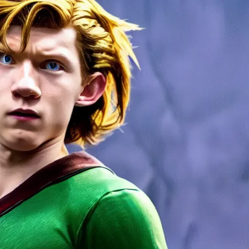 Prompt: Tom Holland as Link from The Legend of Zelda live-action movie