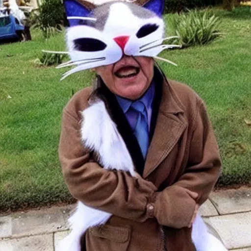 Image similar to an old man wear a cat costum, cosplay