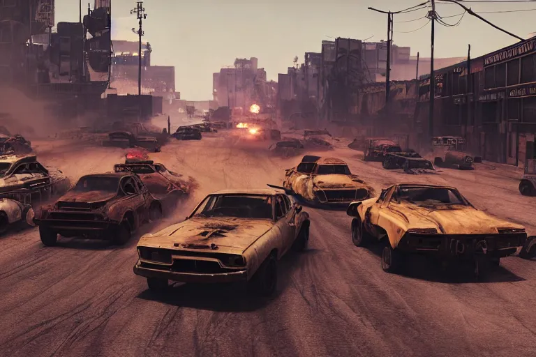 Prompt: mad max fury road 2 8 mm film still, racing on a post apocalyptic city street at night, gta 5, fallout 4, rocket league, hyper detailed, forza, smooth, high contrast, volumetric lighting, octane, george miller, jim lee, vibrant rich deep color, comic book, fast and furious, ridley scott