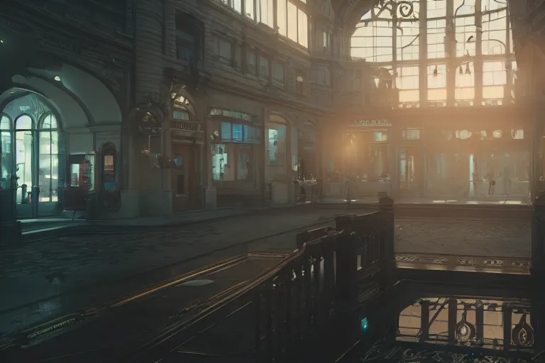 Image similar to point of view of a gunner on a victorian shopping mall, cinematic lightning, ray tracing, unreal engine 5, photorealistic, 8 k, uhd, 4 k, fps game concept, extremely detailed, beautiful, elegant, intricate, foggy, in - game footage