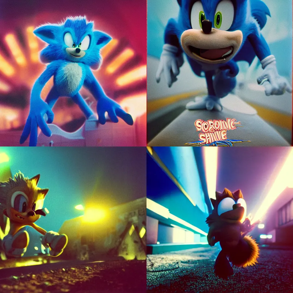 Prompt: ektachrome medium format provia film still of a sonic the hedgehog blue chemical plant zone creature with fangs and claws, faded, anomorphic lens flare, creepypasta