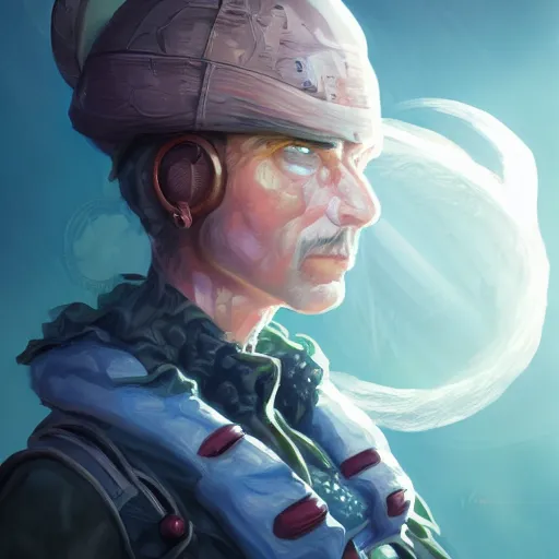 Prompt: Futuristic farmer portrait, deep blue eyes, radiant light, in the style of WLOP and tony sart