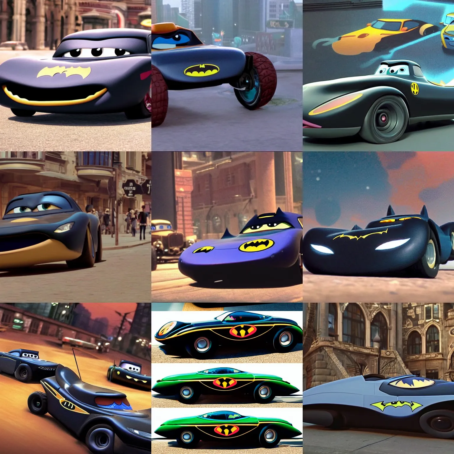 Prompt: Batmobile in pixar cars movie