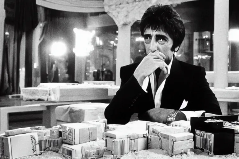 Image similar to tony montana from movie scarface 1 9 8 3 sitting at a table with packages of flour. next to the night window. al pacino. perfect symmetric face, coherent eyes, fine details, 4 k, cinestill, ron cobb