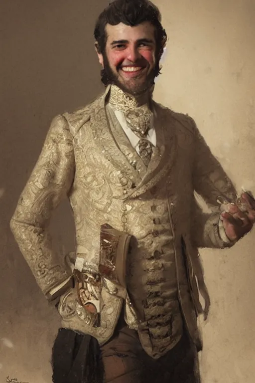 Prompt: official Portrait of a smiling georgian aristocrat, male, cheerful, happy, detailed face, 19th century, highly detailed, cinematic lighting, digital art painting by greg rutkowski