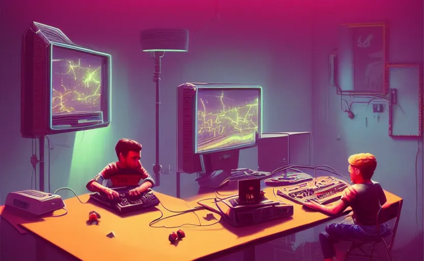 Prompt: 1 9 8 0 s, synthwave, two boys playing game at a spacious gaming room with their hi - tech gaming setup, intricate, highly detailed, spacious, indoor, artstation, art by filip hodas and artgerm