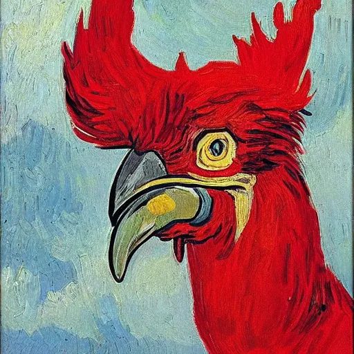 Image similar to bright red oil painting of a rooster, Vincent van Gogh