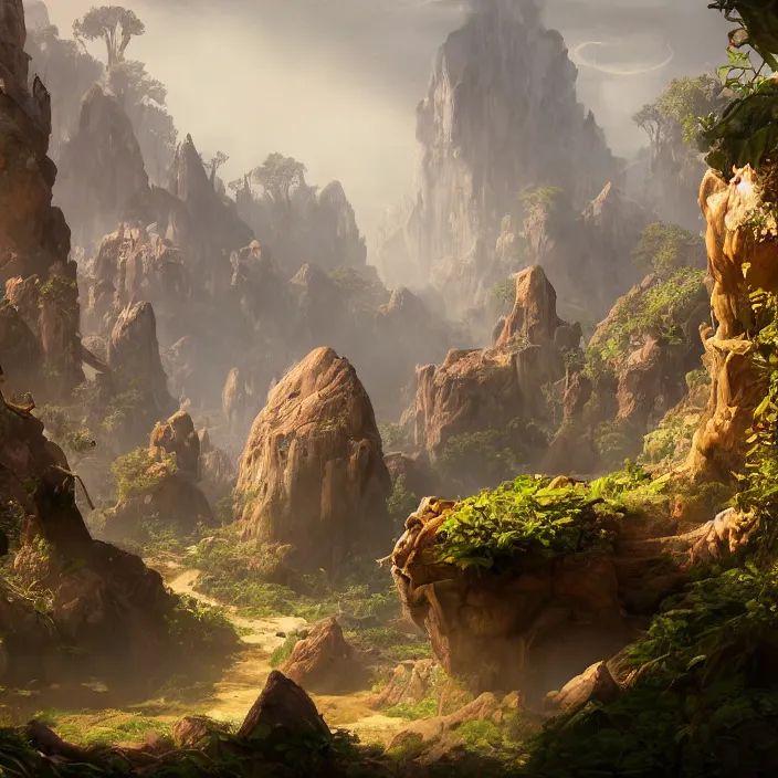 Prompt: a fantasy realm split down the middle with a forest on one side and a desert on the other, fantasy concept art, rendered in unreal engine, highly detailed, cinematic lighting, intricate, fantastical, video game cinematic, trending on artstation