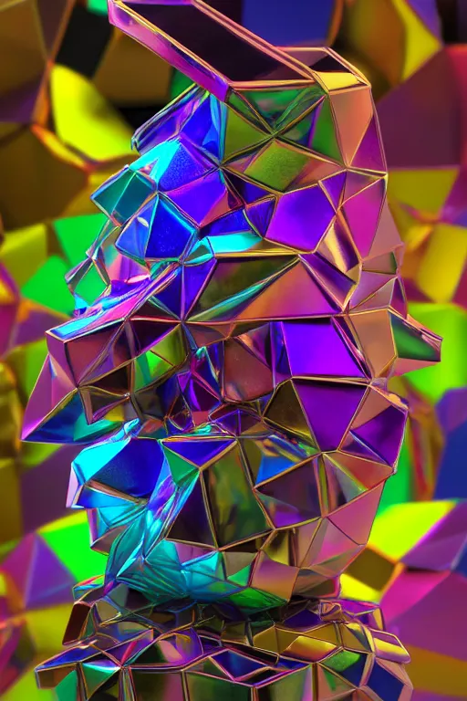 Image similar to a multicolored bismuth golem, an abstract sculpture by ryusei kishida, polycount, crystal cubism, angular, iridescent, made of crystals : : extremely high details, masterpiece, photorealistic, hyperrealism, vray, octane render, volumetric lighting, depth of field, bokeh, artstation, cgsociety