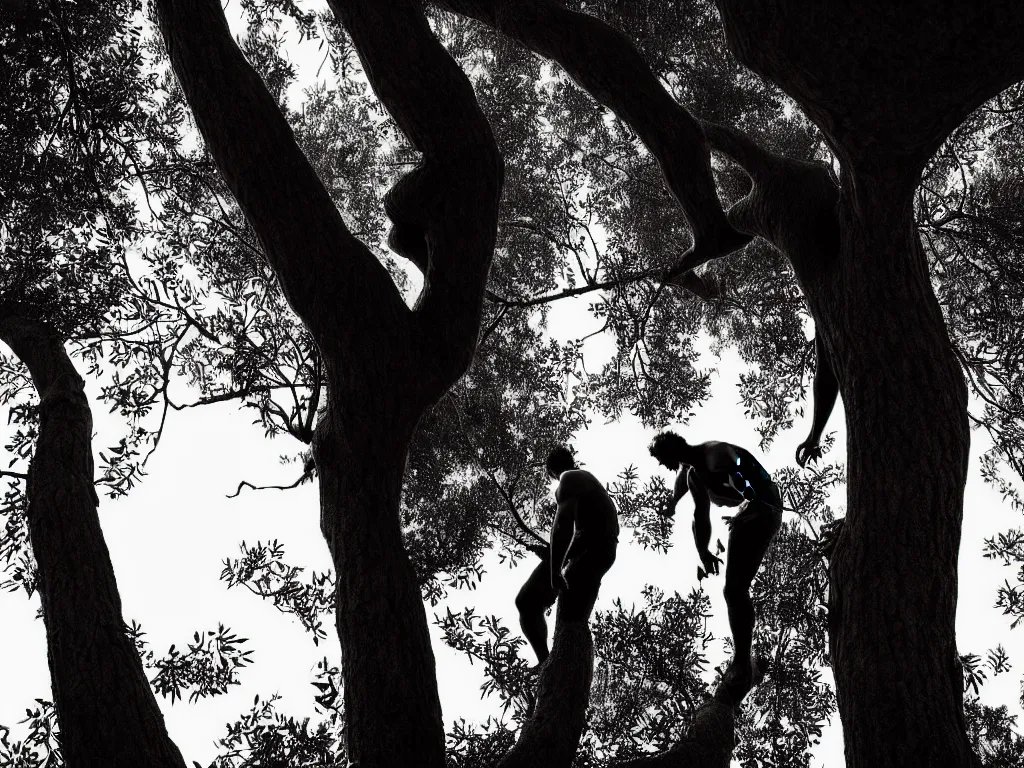 Image similar to award - winning photo of a man transforming into a tree, chiaroscuro, awe, terror, beauty