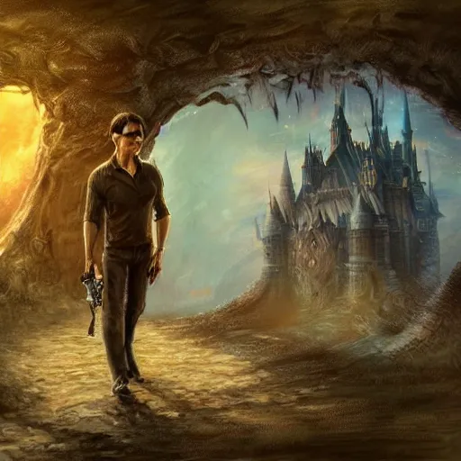 Image similar to Tom Cruise Walking, perfect fces, fantasy art landscape, fantasy city, fantasy kunst, fantasy castle, fantasy house, architecture mystery, artstation, house illustration