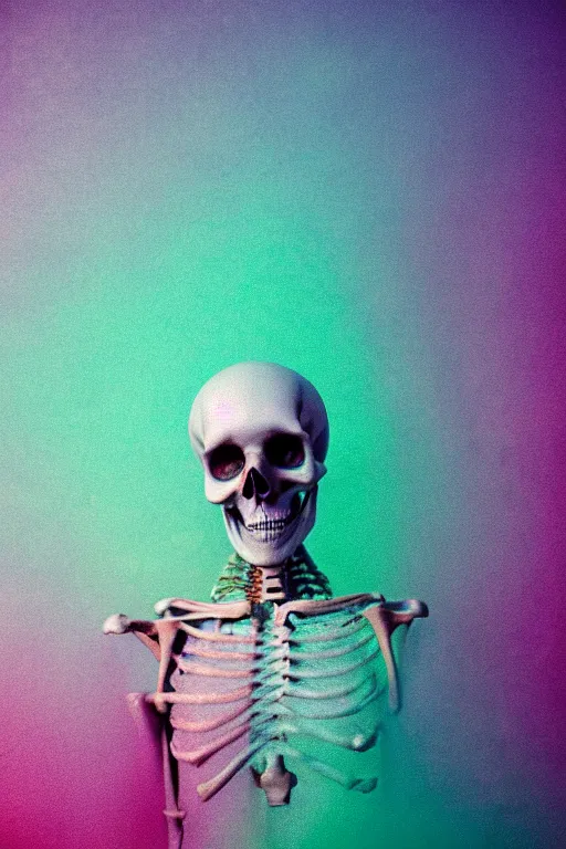 Prompt: high quality pastel coloured film close up wide angle photograph of a skeleton wearing clothing swimming on cloud furniture in a icelandic black rock environment in a partially haze filled dreamstate world. three point light, rainbow. photographic production. art directed. pastel colours. volumetric clouds. pastel gradient overlay. waves glitch artefacts. extreme facial clarity. 8 k. filmic.