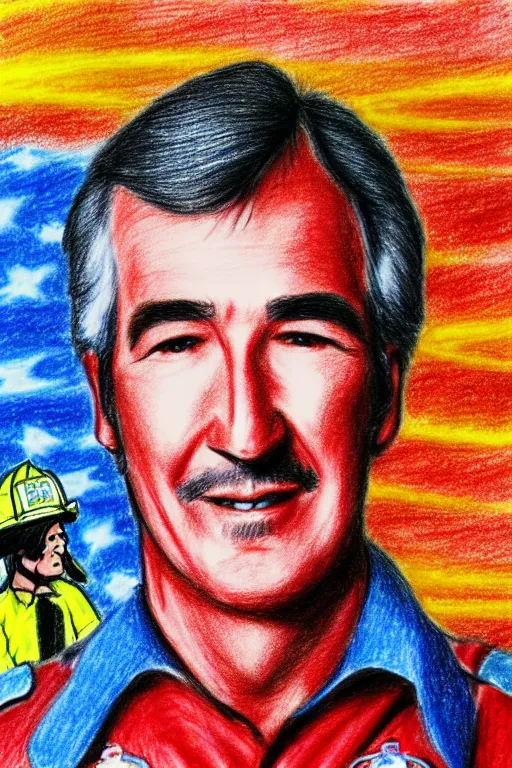 Image similar to a drawing of randy mantooth as a fire fighter by a child, bright colours, detailed