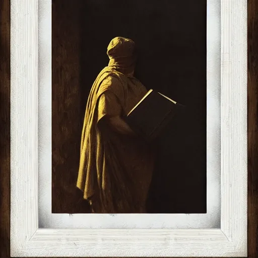 Prompt: half portait of magican wearing a closed cowl and carrying big old book! jeremy mann, jean leon gerome, tiepolo, alphonse mucha, greg rutkowski, face in the shadows, ( ( ruins of ancient rome ) ), at dusk, mysterious atmosphere, sunrays, dof, masterpiece, high detailed, 8 k