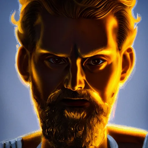 Image similar to portrait of Zeus, backlighting, golden hour, contrast, detailed, focus, digital painting, concept art, illustration, 4k, artstation, art Steven Stahlberg and Goya