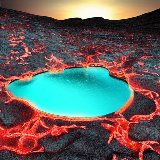 Prompt: A beautiful pool in the middle of a volcano throwing lava, digital art,