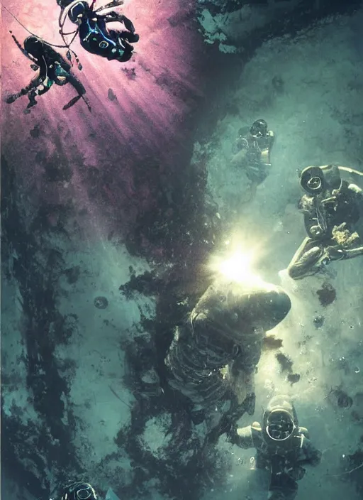 Image similar to astronauts divers in dark void underwater - complex and hyperdetailed technical suit design. reflection and dispersion materials. rays and dispersion of light. volumetric light. f / 3 2. noise film photo. flash photography. ultra realistic, 5 0 mm. poster by wayne barlowe, hajime sorayama aaron horkey, craig mullins