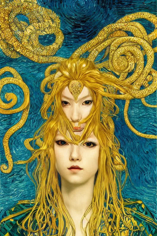 Image similar to Hatsune Miku with golden hair by Karol Bak, Jean Deville, Gustav Klimt, and Vincent Van Gogh, portrait of a sacred serpent, Surreality, otherworldly, fractal structures, arcane, ornate gilded medieval icon, third eye, spirals