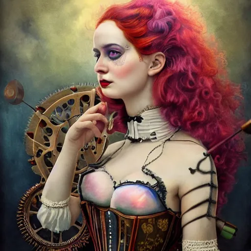 Image similar to photorealistic soft paint of a curiosities carnival, single young beautiful dollpunk in a full steampunk corset, symmetry accurate features, ominous, focus, rainbow lighting, very intricate details, award winning masterpiece, behance, by tom bagshaw