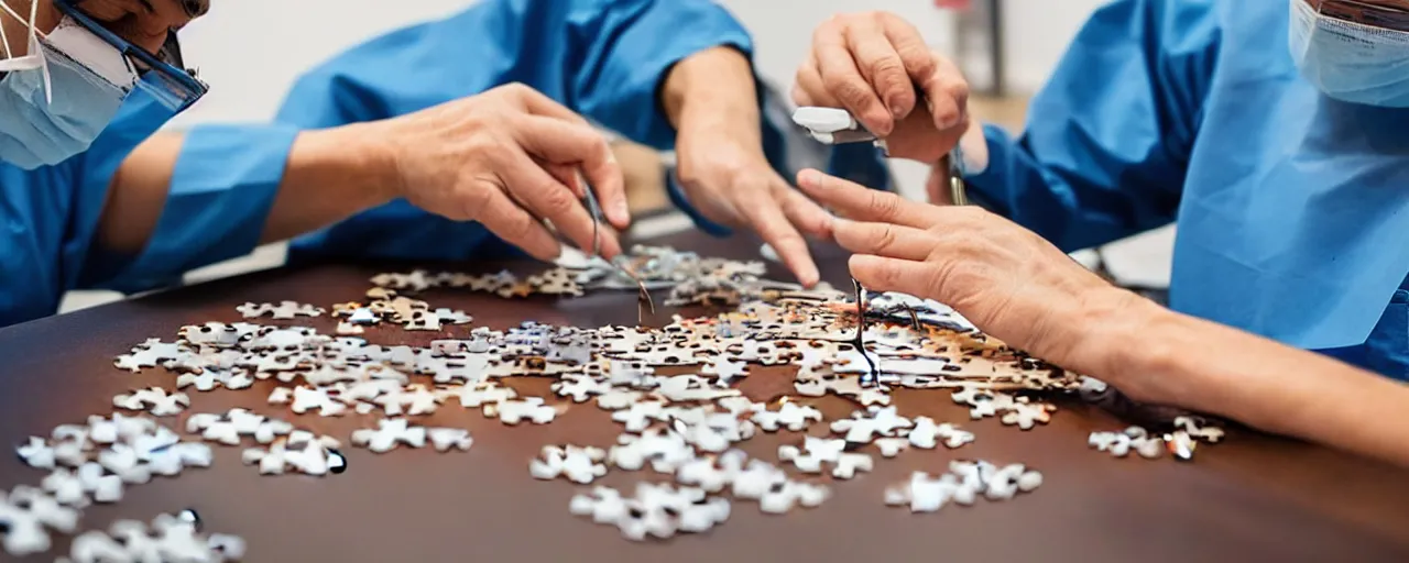 Image similar to a surgeon with realistic hands using a scalpel on a jigsaw puzzle on a table