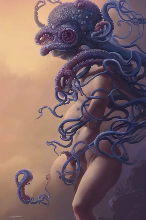 Image similar to digital portrait of an eloquent alien kraken queen, straight on, full body character concept art, concept art, by artgerm, tom bagshaw, gerald brom, vaporwave colors, lo fi colors, vaporwave, lo fi, 4 k, hd, rendered with substance designer, small details,
