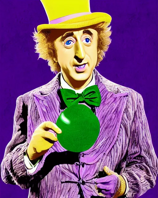 Prompt: gene wilder in willy wonka and the eggplant factory, digital art