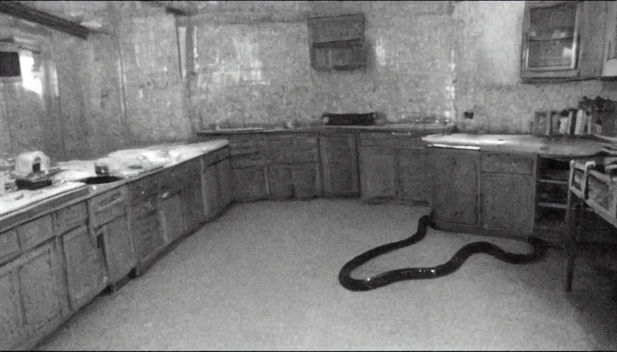 Prompt: a big snake in a stalinist style kitchen, by mini dv camera, very very low quality, heavy grain, very blurry, accidental flash, webcam footage, found footage, security cam, caught on trail cam