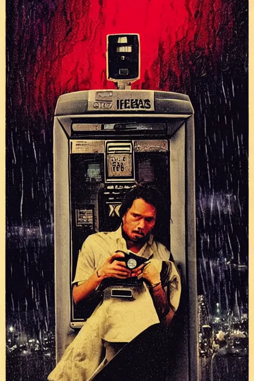 Image similar to an award - winning movie poster for a movie called senor featuring a junkie making a payphone call in a thunderstorm in queens at night in the 1 9 9 0 s